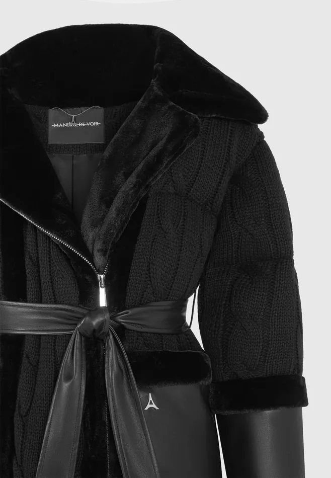 Women Manire De Voir Knit And Plush Puffer Biker Jacket Black