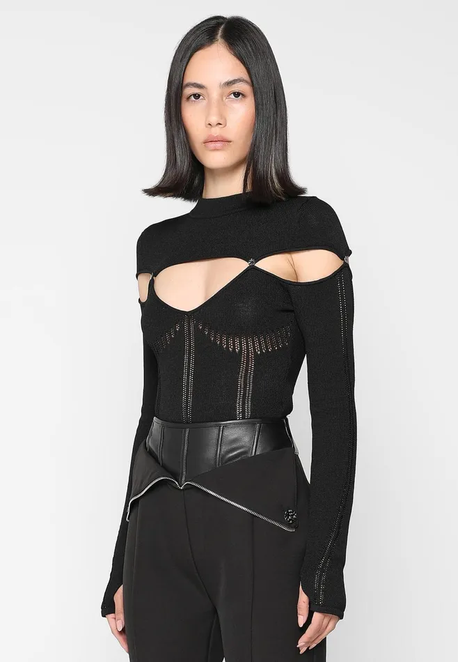 Women Manire De Voir Knitted Cut Out Bodysuit Black