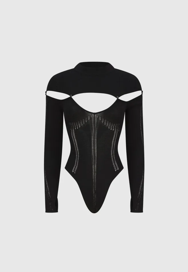 Women Manire De Voir Knitted Cut Out Bodysuit Black