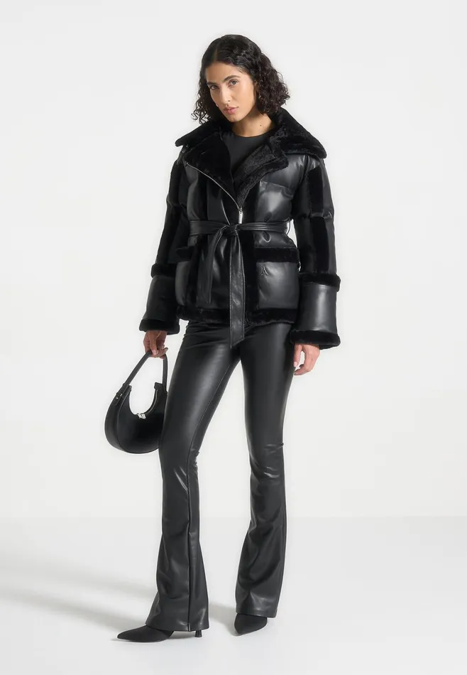 Women Manire De Voir Leather And Plush Puffer Biker Jacket Black
