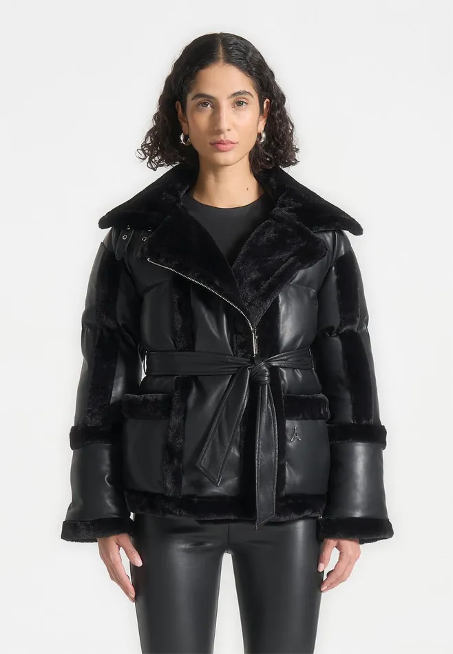 Women Manire De Voir Leather And Plush Puffer Biker Jacket Black
