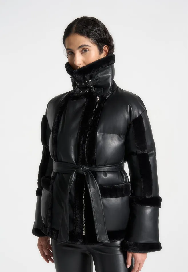 Women Manire De Voir Leather And Plush Puffer Biker Jacket Black