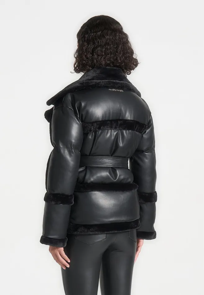 Women Manire De Voir Leather And Plush Puffer Biker Jacket Black