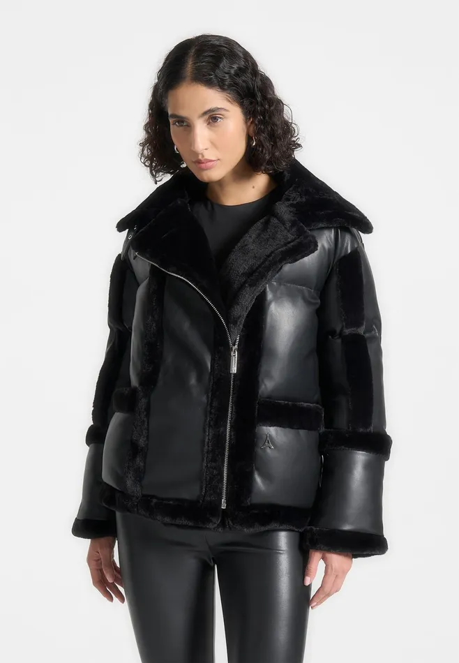 Women Manire De Voir Leather And Plush Puffer Biker Jacket Black