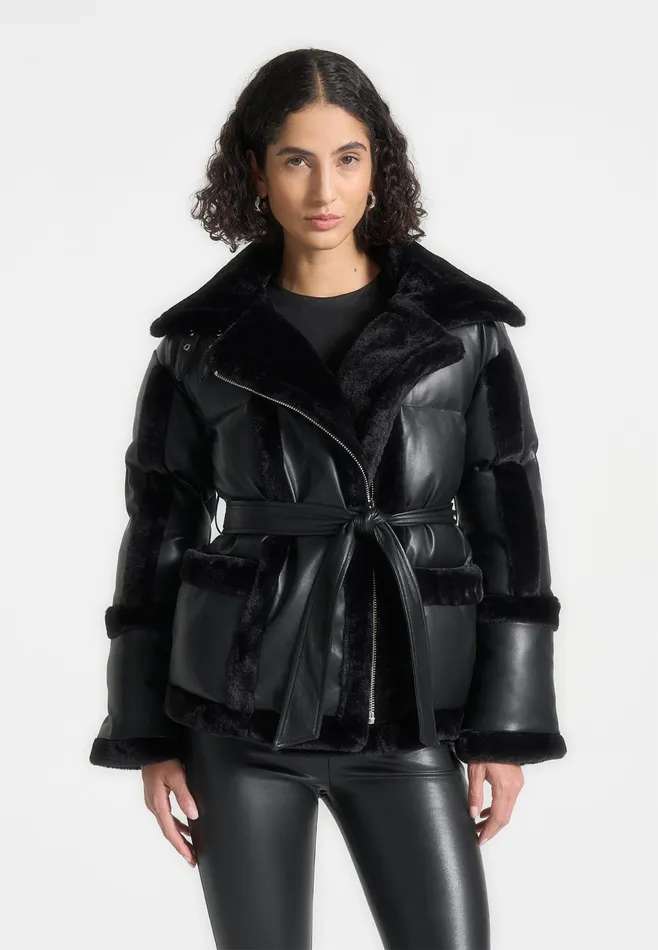 Women Manire De Voir Leather And Plush Puffer Biker Jacket Black