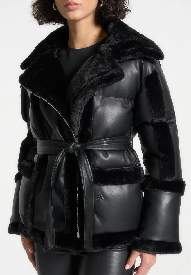 Women Manire De Voir Leather And Plush Puffer Biker Jacket Black