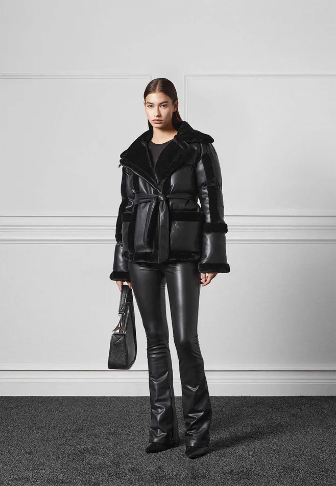 Women Manire De Voir Leather And Plush Puffer Biker Jacket Black