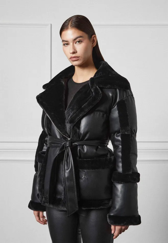 Women Manire De Voir Leather And Plush Puffer Biker Jacket Black