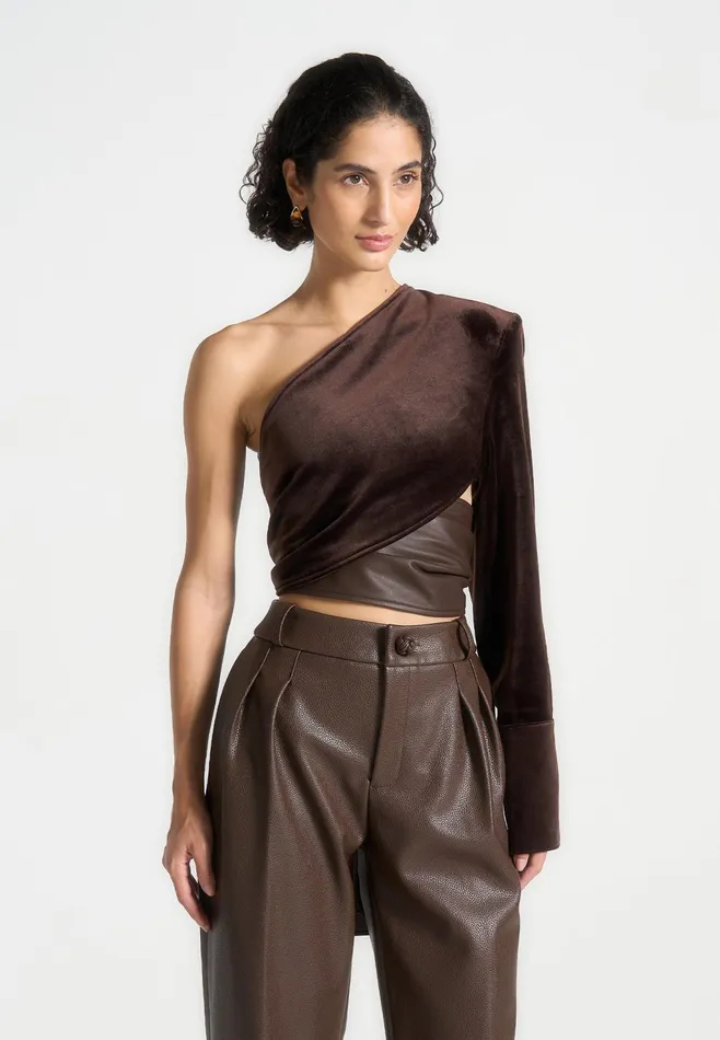Women Manire De Voir One Sleeve Velour Wrap Top Brown