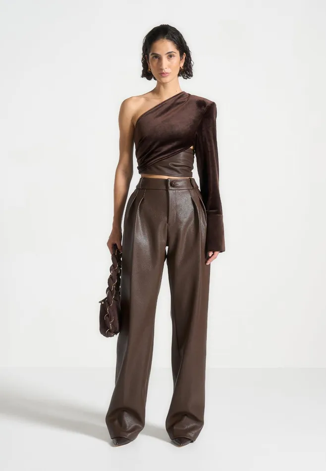 Women Manire De Voir One Sleeve Velour Wrap Top Brown