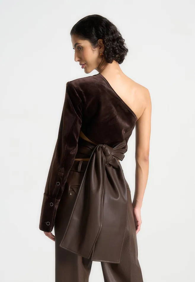 Women Manire De Voir One Sleeve Velour Wrap Top Brown
