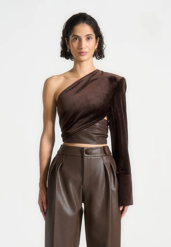 Women Manire De Voir One Sleeve Velour Wrap Top Brown
