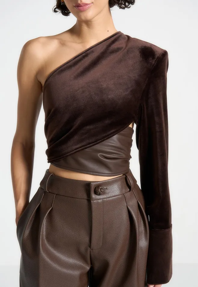 Women Manire De Voir One Sleeve Velour Wrap Top Brown