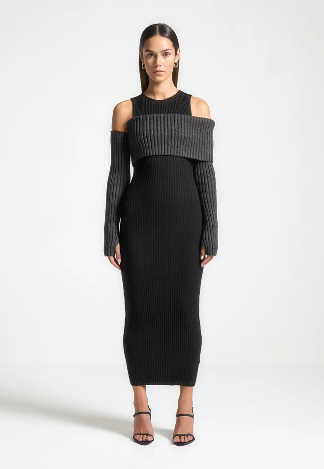 Women Manire De Voir Overlay Knitted Midaxi Dress Blackgrey