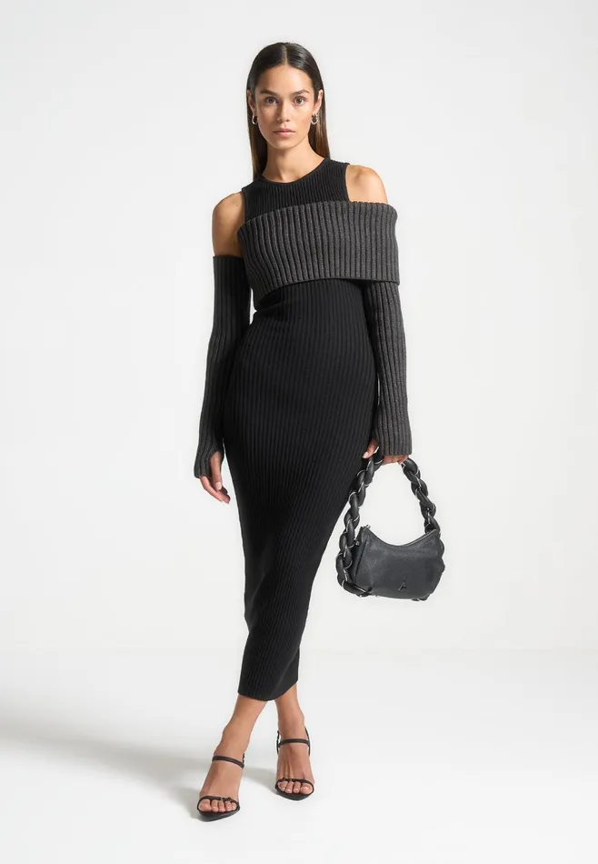 Women Manire De Voir Overlay Knitted Midaxi Dress Blackgrey