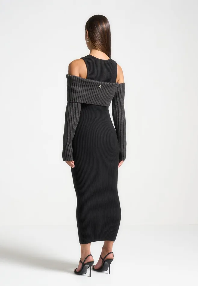 Women Manire De Voir Overlay Knitted Midaxi Dress Blackgrey