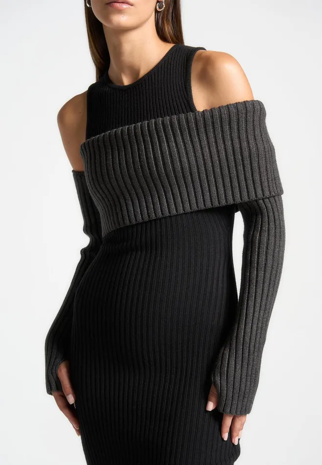 Women Manire De Voir Overlay Knitted Midaxi Dress Blackgrey