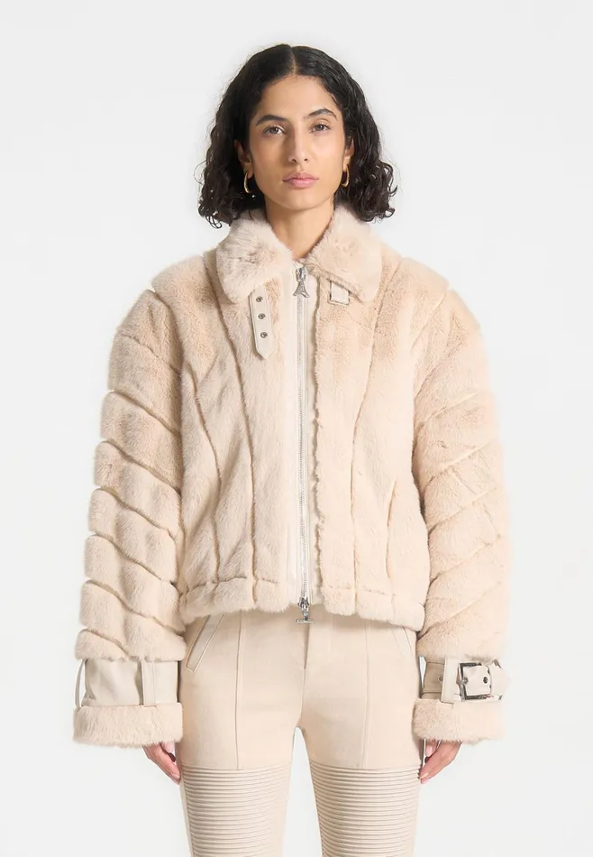 Women Manire De Voir Oversized Ribbed Plush Jacket With Lapel Beige