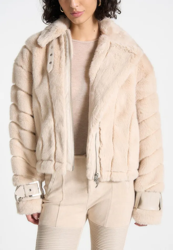 Women Manire De Voir Oversized Ribbed Plush Jacket With Lapel Beige