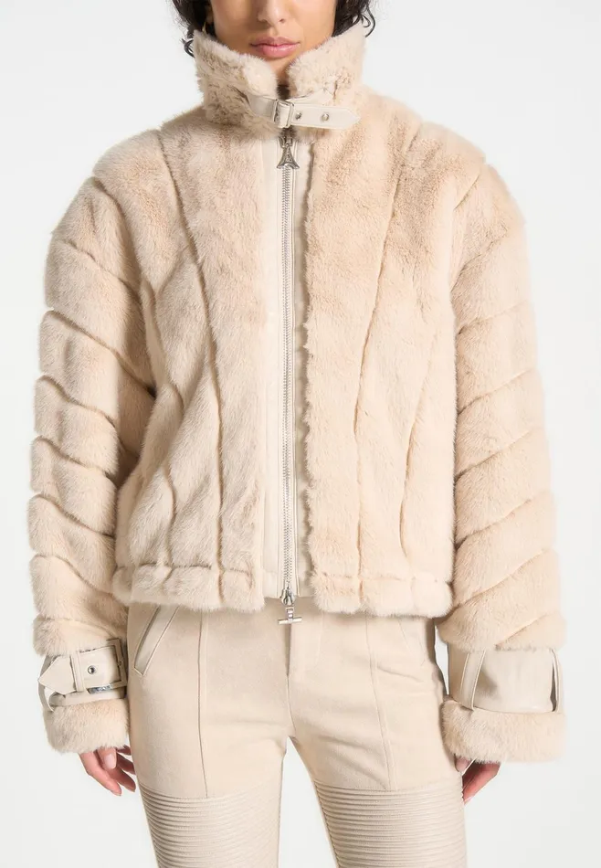 Women Manire De Voir Oversized Ribbed Plush Jacket With Lapel Beige