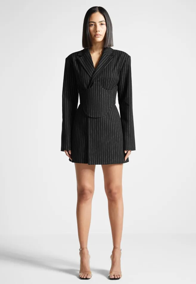 Women Manire De Voir Pinstripe Blazer Dress With Reversible Corset Black