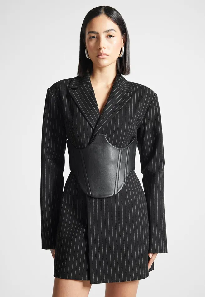 Women Manire De Voir Pinstripe Blazer Dress With Reversible Corset Black