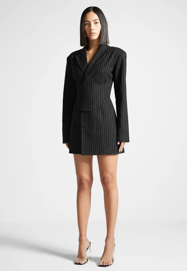 Women Manire De Voir Pinstripe Blazer Dress With Reversible Corset Black