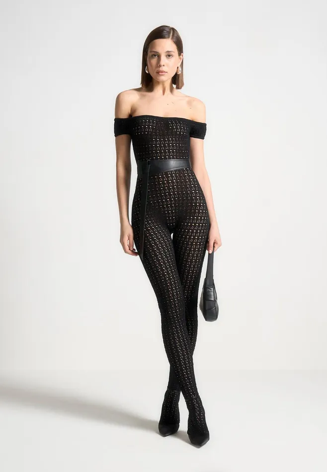 Women Manire De Voir Pointelle Knit Bardot Jumpsuit With Belt Black