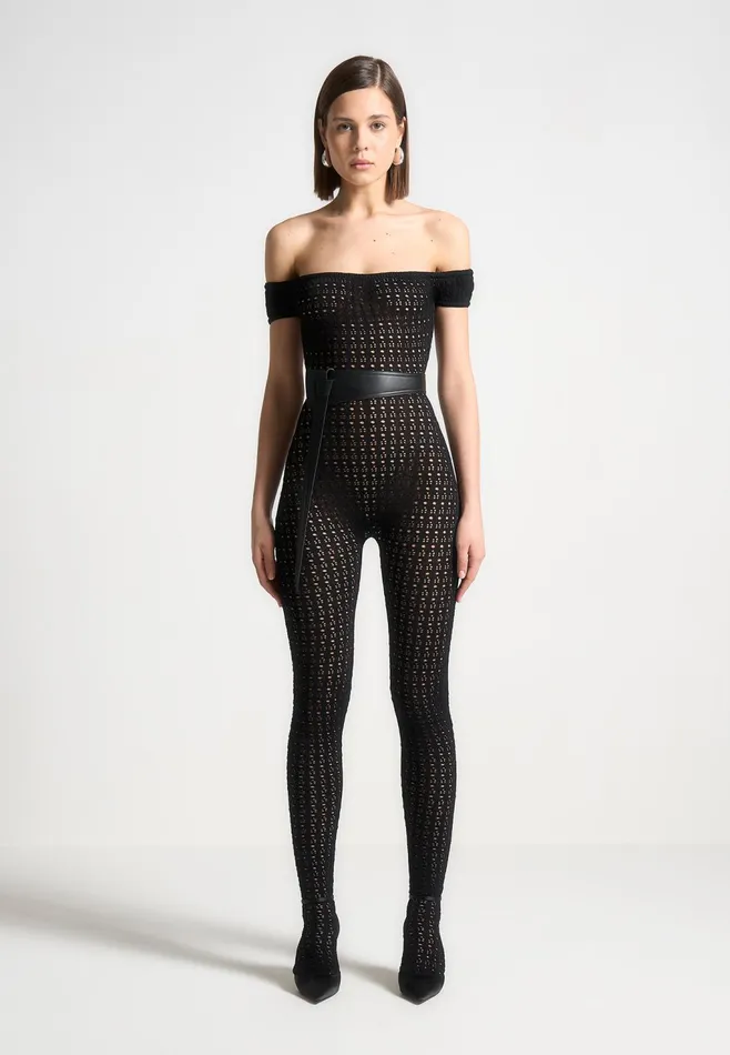 Women Manire De Voir Pointelle Knit Bardot Jumpsuit With Belt Black