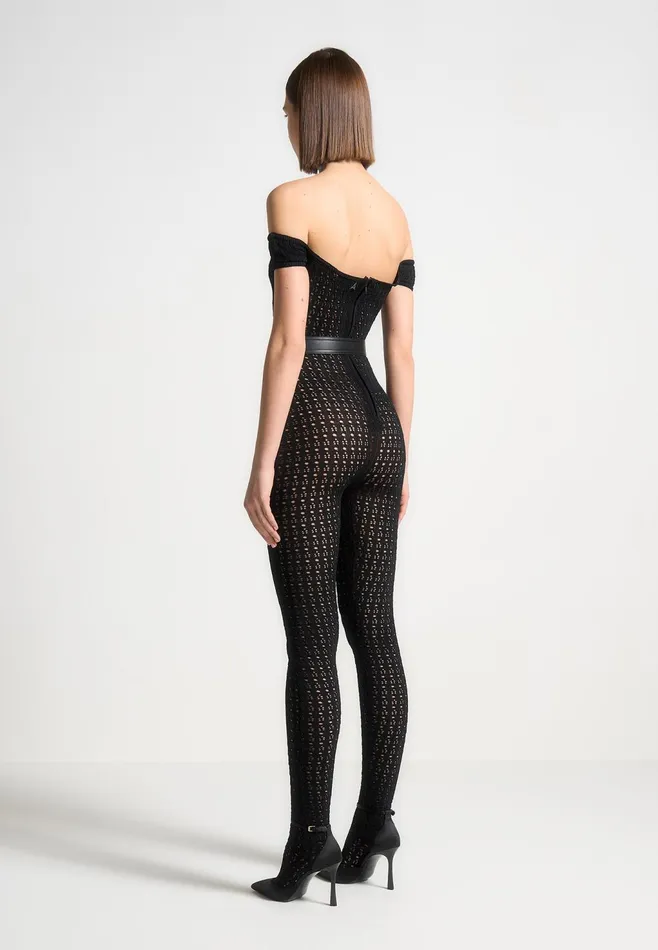 Women Manire De Voir Pointelle Knit Bardot Jumpsuit With Belt Black