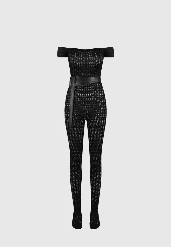 Women Manire De Voir Pointelle Knit Bardot Jumpsuit With Belt Black