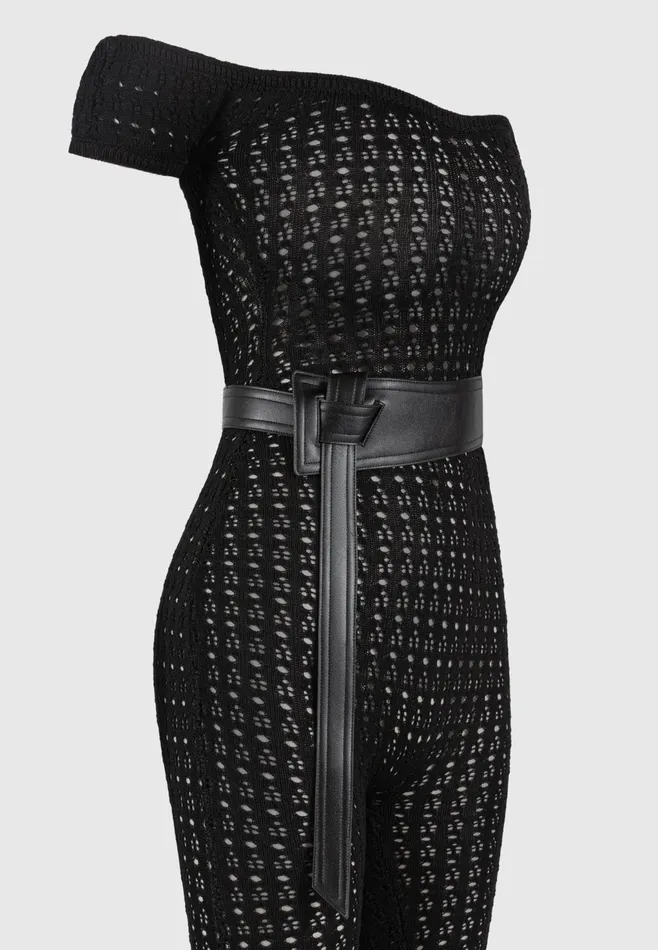 Women Manire De Voir Pointelle Knit Bardot Jumpsuit With Belt Black