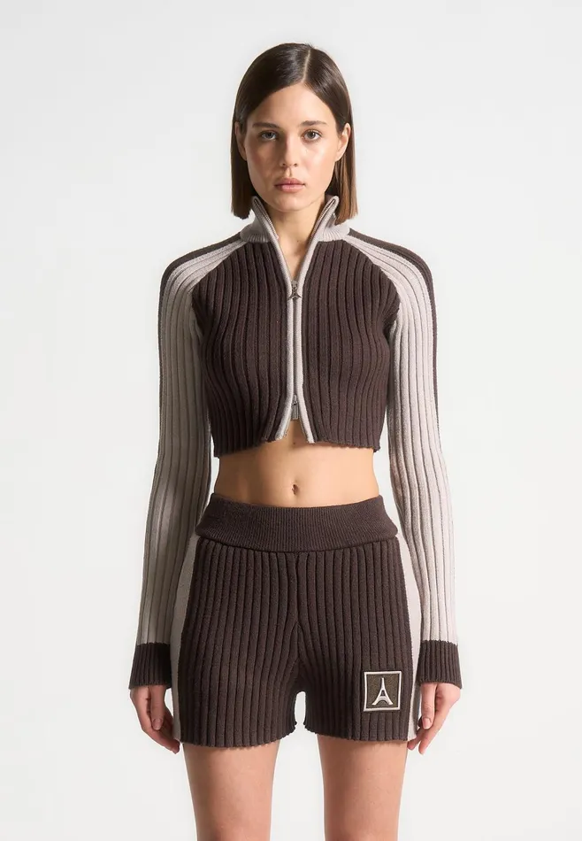 Women Manire De Voir Rib Knit Track Jacket Brownbeige