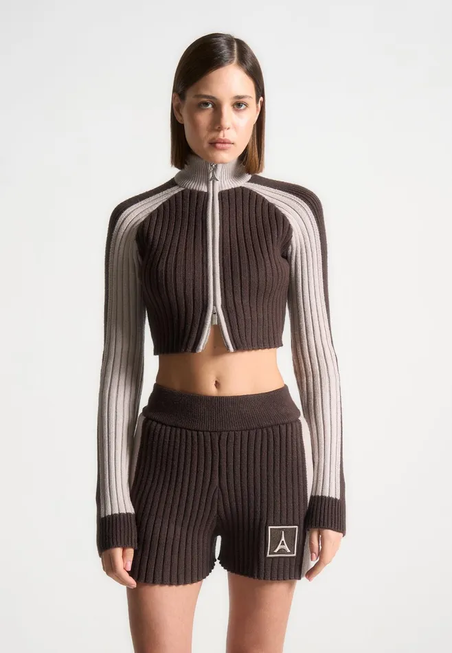 Women Manire De Voir Rib Knit Track Jacket Brownbeige