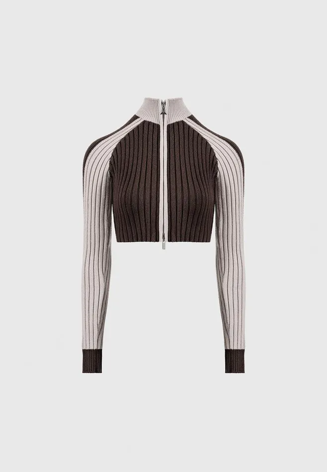 Women Manire De Voir Rib Knit Track Jacket Brownbeige