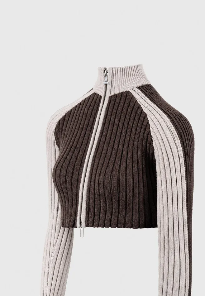 Women Manire De Voir Rib Knit Track Jacket Brownbeige