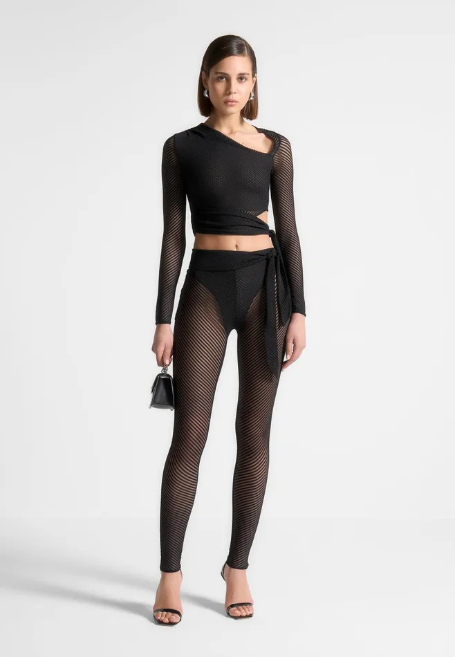 Women Manire De Voir Ribbed Sheer Leggings With Tie Black