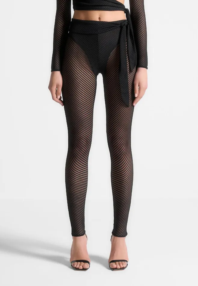 Women Manire De Voir Ribbed Sheer Leggings With Tie Black
