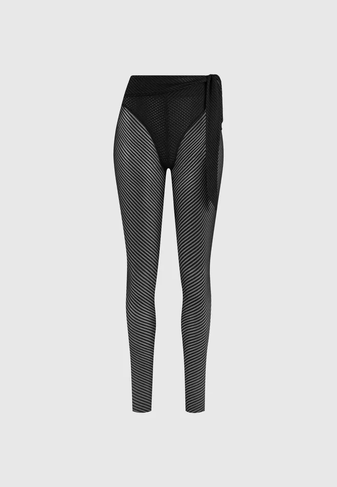 Women Manire De Voir Ribbed Sheer Leggings With Tie Black