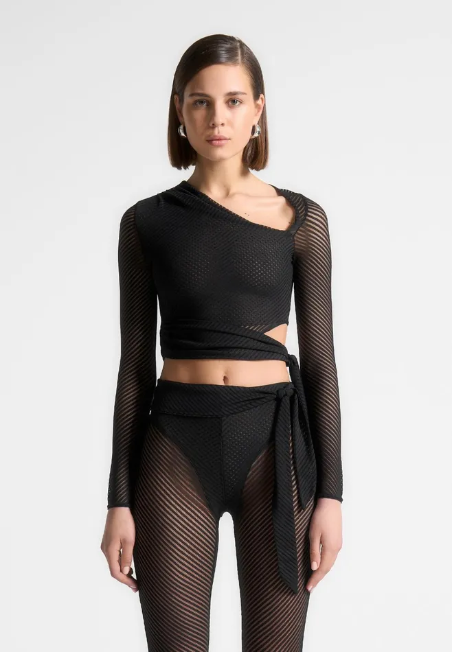 Women Manire De Voir Ribbed Sheer Top With Tie Black
