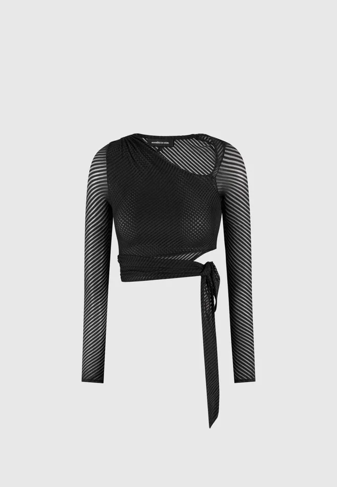 Women Manire De Voir Ribbed Sheer Top With Tie Black