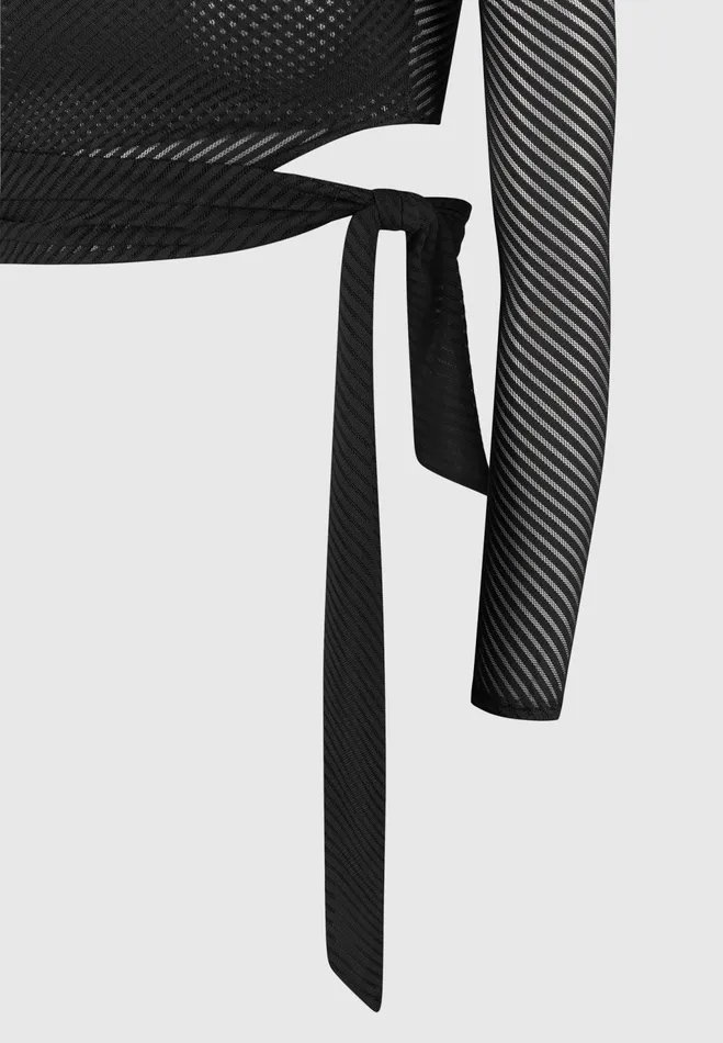 Women Manire De Voir Ribbed Sheer Top With Tie Black