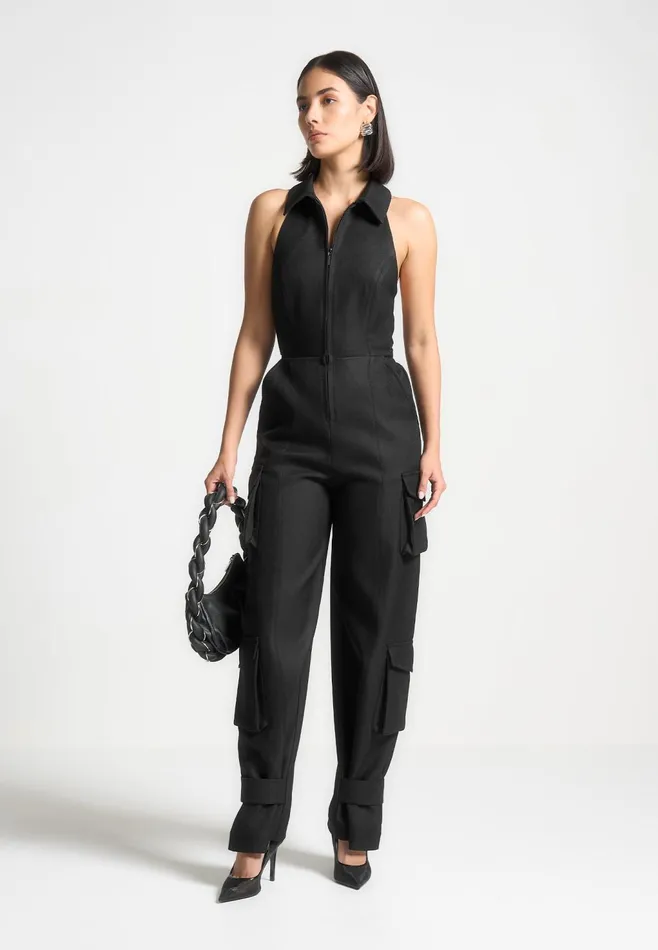 Women Manire De Voir Tailored Halterneck Cargo Jumpsuit Black