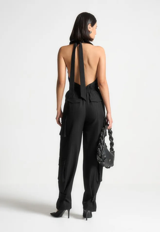 Women Manire De Voir Tailored Halterneck Cargo Jumpsuit Black
