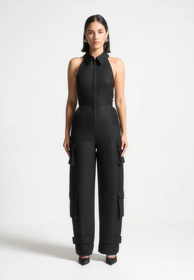 Women Manire De Voir Tailored Halterneck Cargo Jumpsuit Black