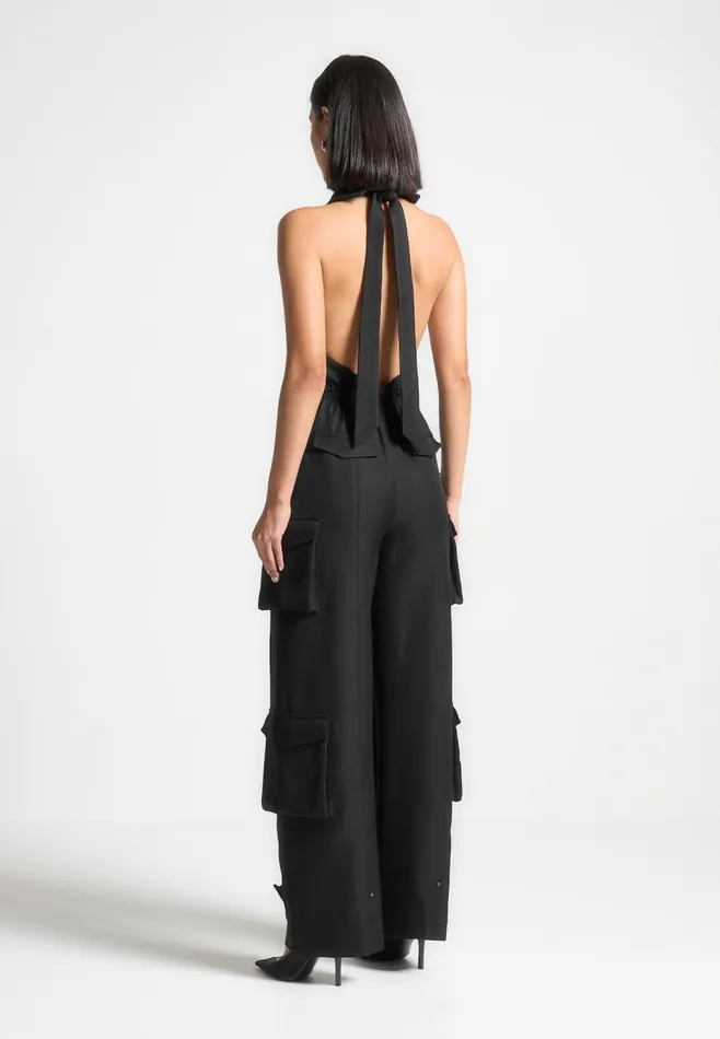 Women Manire De Voir Tailored Halterneck Cargo Jumpsuit Black