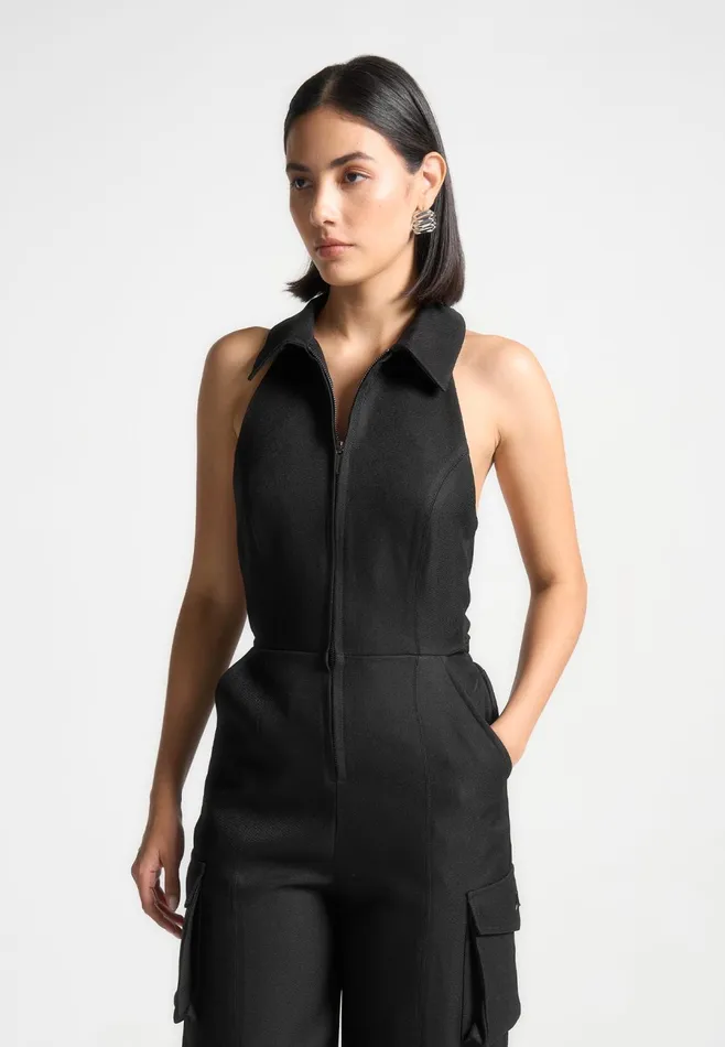 Women Manire De Voir Tailored Halterneck Cargo Jumpsuit Black
