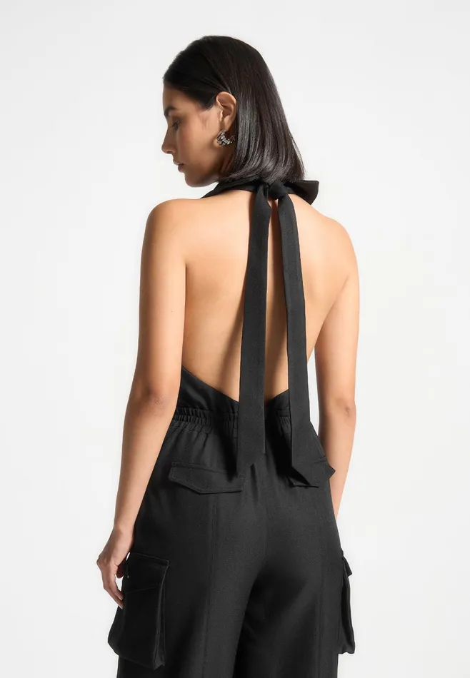 Women Manire De Voir Tailored Halterneck Cargo Jumpsuit Black