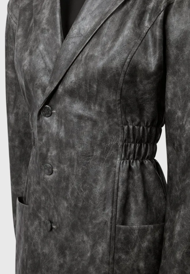 Women Manire De Voir Vintage Double Breasted Leather Blazer Dress Grey