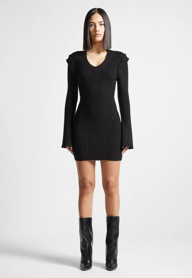 Women Manire De Voir Wide Shoulder Knitted Contour Mini Dress Black